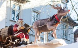 Decorazioni natalizie sul tetto di uno stand del mercato a Bamberga, Germania: Babbo Natale con slitta e renna.

