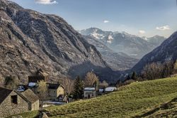 Fotografia della vallata di Crodo, Piemonte, Italia. A rendere ancora più suggestivo questo scenario è la spolverata di soffice neve che imbianca le montagne sullo sfondo oltre ...
