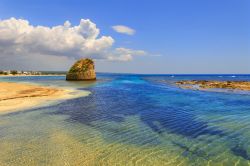 Panorama estivo di una spiaggia di Torre Pali, Salento, Puglia. La bassa costa sabbiosa è caratterizzata da dunette coperte di macchia mediterranea.

