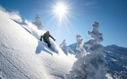 Uno sciatore sulla neve soffice dello ski resort di Meribel, Savoia, Francia.
