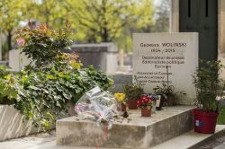 La tomba del francese Georges Wolinski al cimitero di Montparnasse, Parigi, Francia. Scrittore, editorialista politico e disegnatore di fumetti, fu assassinato il 7 gennaio 2015 nell'attacco ...
