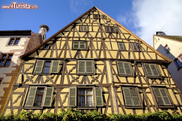 Immagine Antica abitazione a Riquewihr, Alsazia - Città medievale situata nel cuore dell'Alsazia, regione sul confine orientale francese a ridosso di Germania e Svizzera, Riquewihr è uno dei più caratteristici paesi di Francia grazie soprattutto all'architettura delle sue antiche case. Questo "museo a cielo aperto", che ha saputo conservare nel tempo la sua autenticità, ospita alcune belle maison à colombages edificate dal XIII° al XVIII° secolo, splendide case a graticcio con intelaiature in legno collegate fra di loro in diverse posizioni. In questa immagine, un edificio con travi in vista sulla facciata nel centro di Riquewihr © Ivan Varyukhin / Shutterstock.com