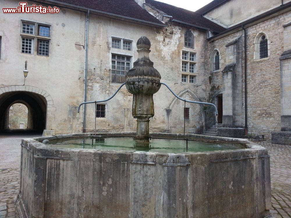 Immagine Antica fontana in una piazzetta del borgo di Perouges, Francia. Sullo sfondo, palazzi di un tempo.