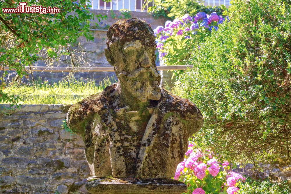 Immagine Antico busto nel parco dei bagni termali di Crodo, Piemonte, Italia. Il muschio e lo scorrere del tempo sono ormai inseparabili compagni di questo vecchio busto maschile situato nel giardino dei bagni termali di Crodo.