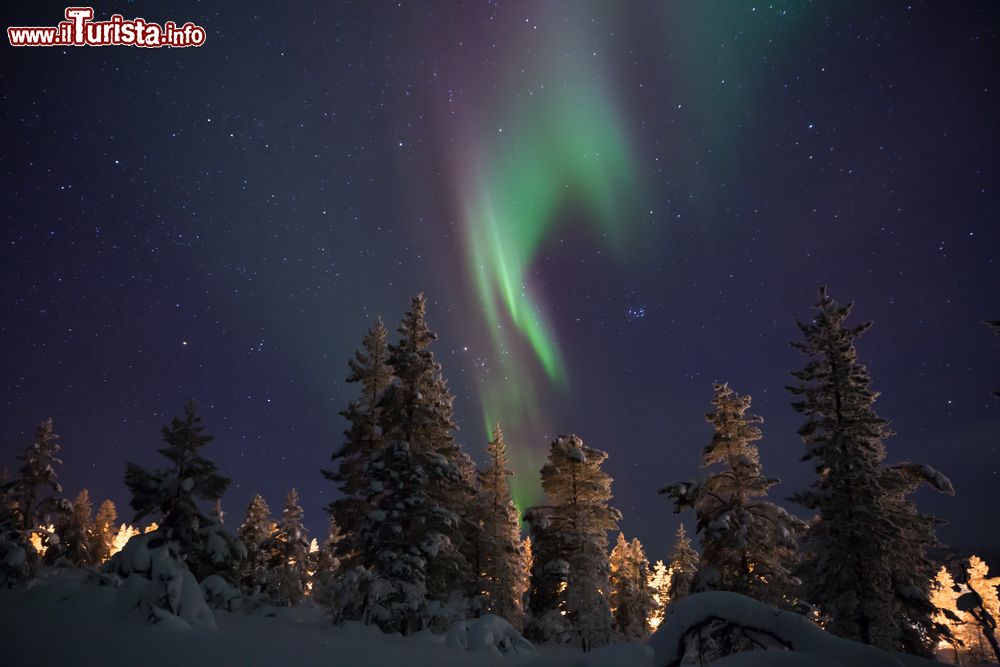 Immagine Aurora boreale nel villaggio di Saariselka, Finlandia. Una splendida immagine di questo fenomeno ottico dell'atmosfera terrestre che si può ammirare in questo grazioso villaggio 260 km a nord del Circolo Polare Artico nei pressi del Parco Nazionale Urho Kekkonen.