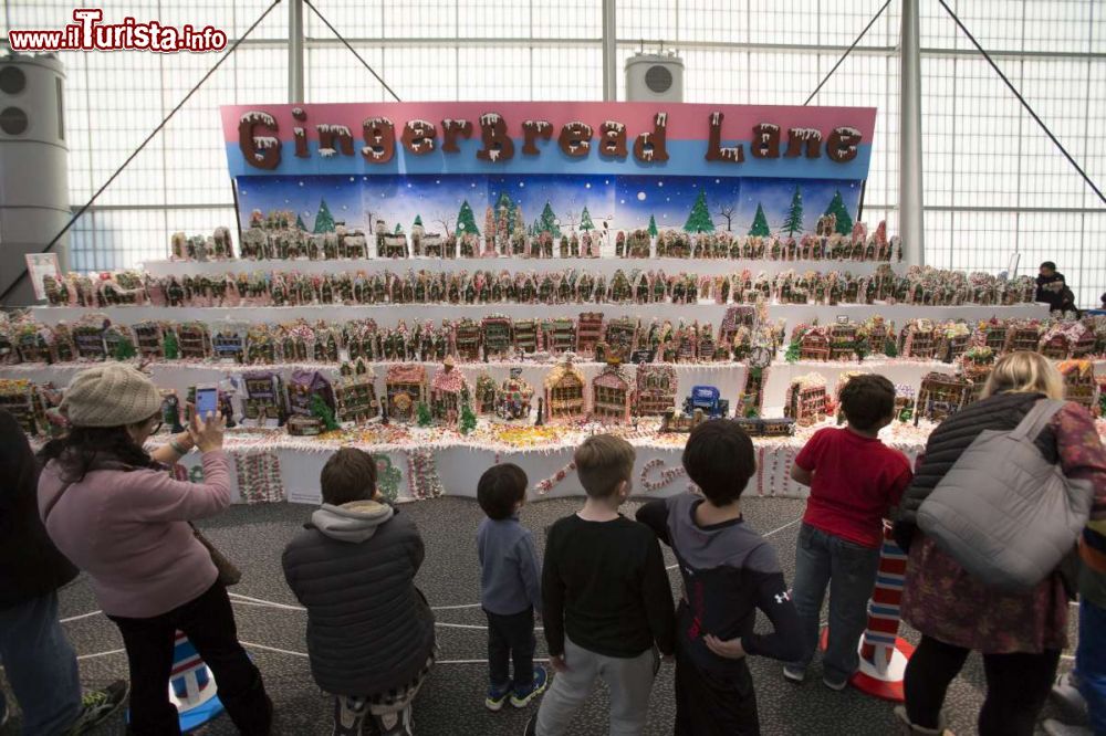 Immagine Bambini osservano con stupore le casette di pan di zenzero presso la Gingerbread Lane della New York Hall of Science - foto © NY Hall of Science