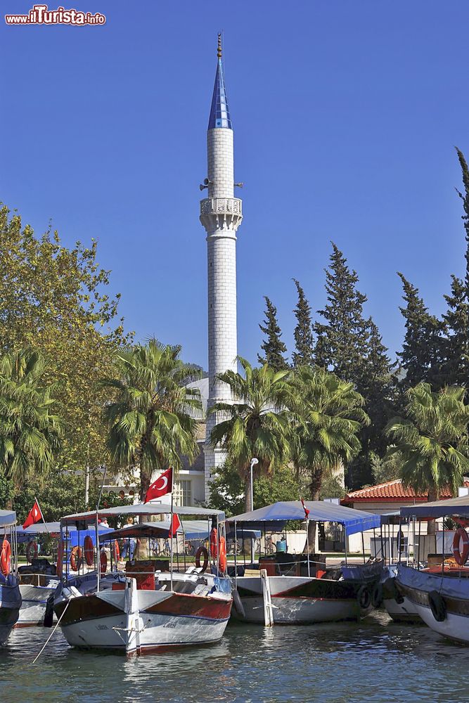 Immagine Barche ormeggiate a Kaunos, nei pressi di Dalyan, Turchia. Sullo sfondo, moschea e minareto. 