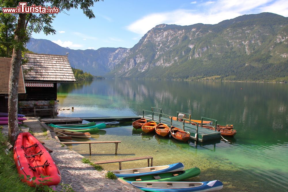 Immagine Barche ormeggiate al molo sul lago di Bohinj, Slovenia. Fra le varie attività outdoor che si possono fare al lago di Bohinj vi sono anche giri in barca.