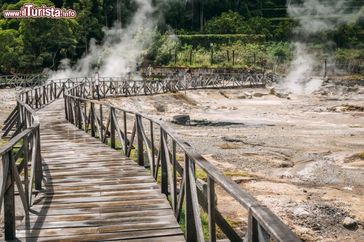 Immagine Caldeiras das Furnas sull'isola di Sao Miguel, Azzorre (Portogallo). Grazie alle passerelle in legno si possono osservare le "caldeiras" da vicino - © Nessa Gnatoush / Shutterstock.com