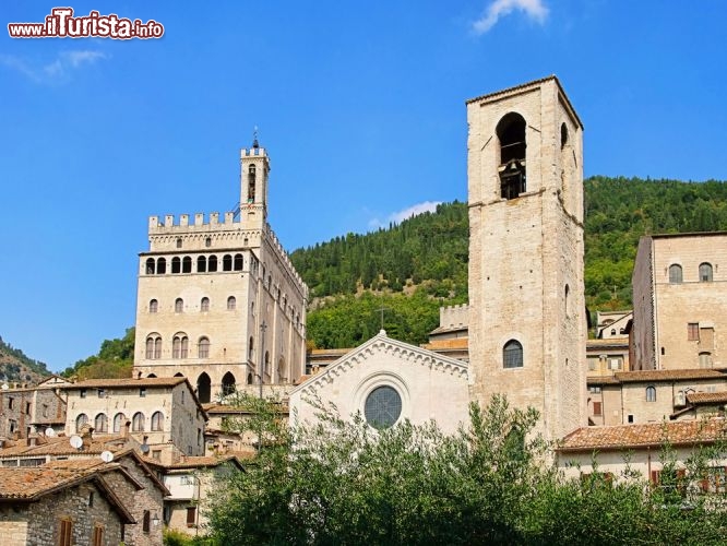 Immagine Chiesa di San Giovanni e Palazzo dei Consoli a Gubbio. l Palazzo dei Consoli ospita all’interno il Museo Civico e la Pinacoteca Comunale ed affascina il pubblico per la sua architettura medioevale, di limpida bellezza. Qui sono custodite le famose Tavole eugubine che risalgono al 3° secolo avanti Cristo. Il Palazzo del Pretorio è meno interessante ed è ora utilizzato dagli uffici del locale Municipio. - © LianeM / Shutterstock.com