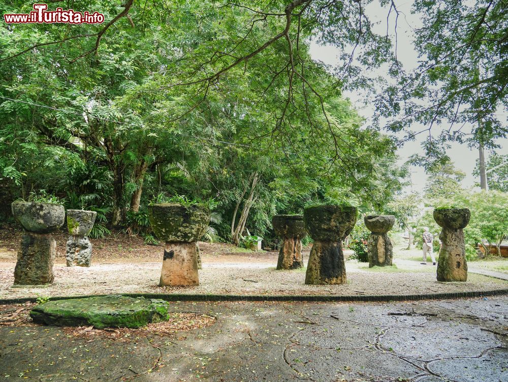 Immagine Colonne in pietra al Latte Stone Park di Guam, Stati Uniti. Conosciuto anche come Senator Angel Leon Guerrero Santos Memorial Park, questo parco è celebre per ospitare pilastri in pietra su cui un tempo venivano costruite le antiche case dei chamorro, popolazioni indigene delle isole Marianne.