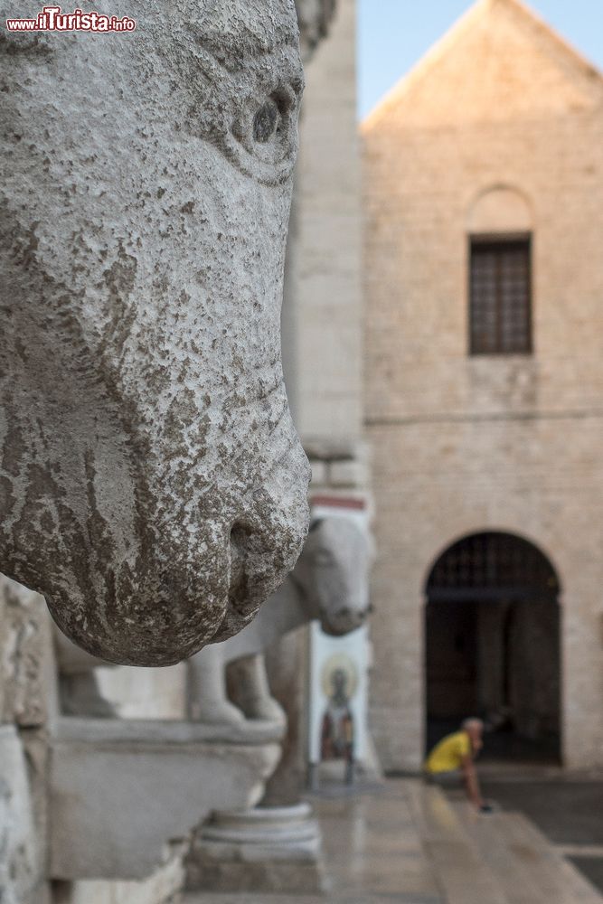 Immagine Dettaglio di una statua nei pressi del duomo di Bari, Puglia. Sullo sfondo, un uomo seduto sulla scalinata.