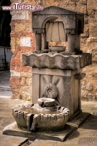 Immagine Fontana d'acqua potabile nel borgo di Castiglione del Lago, Umbria - Realizzata in pietra e ornata con belle decorazioni, l'acqua che scorre in questa fontana è potabile e vi si possono dissetare anche gli animali grazie alla vasca collocata alla base © Philip Bird LRPS CPAGB / Shutterstock.com