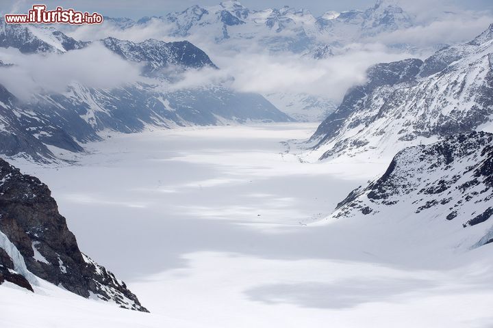 Immagine Il ghiacciaio dell'Aletsch, Alpi svizzere. E' meta di numerosi alpinisti e scialpinisti che ne risalgono il bacino per raggiungerne le vette; è inoltre una località di studio per i geologi che ne discendono crepacci, pozzi e spaccature.