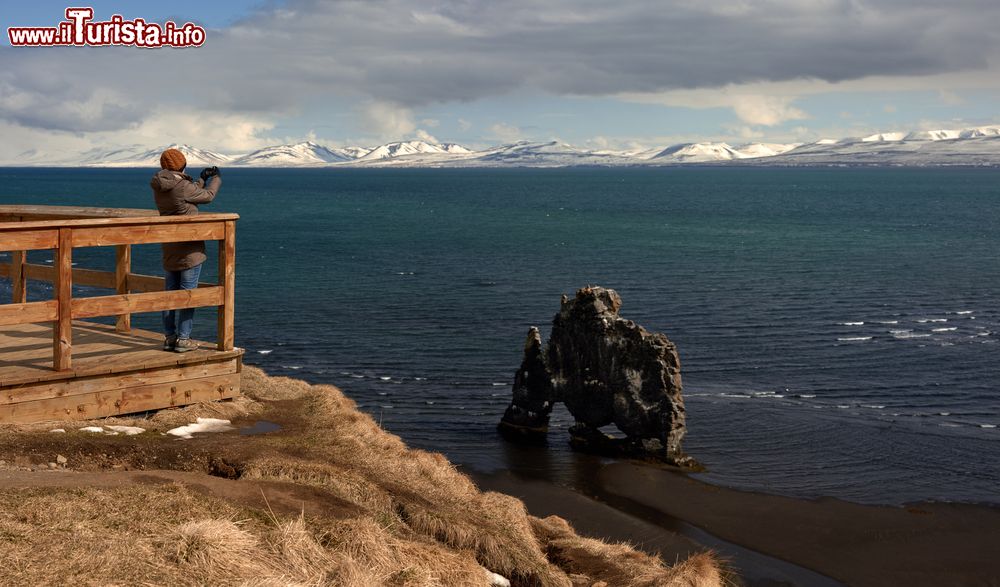 Immagine Turista sulla terrazza panoramica davanti al Hvitserkur, il celebre faraglione di basalto lungo la costa della penisola di Vatnsnes, non distante da Hvammstangi (Islanda).