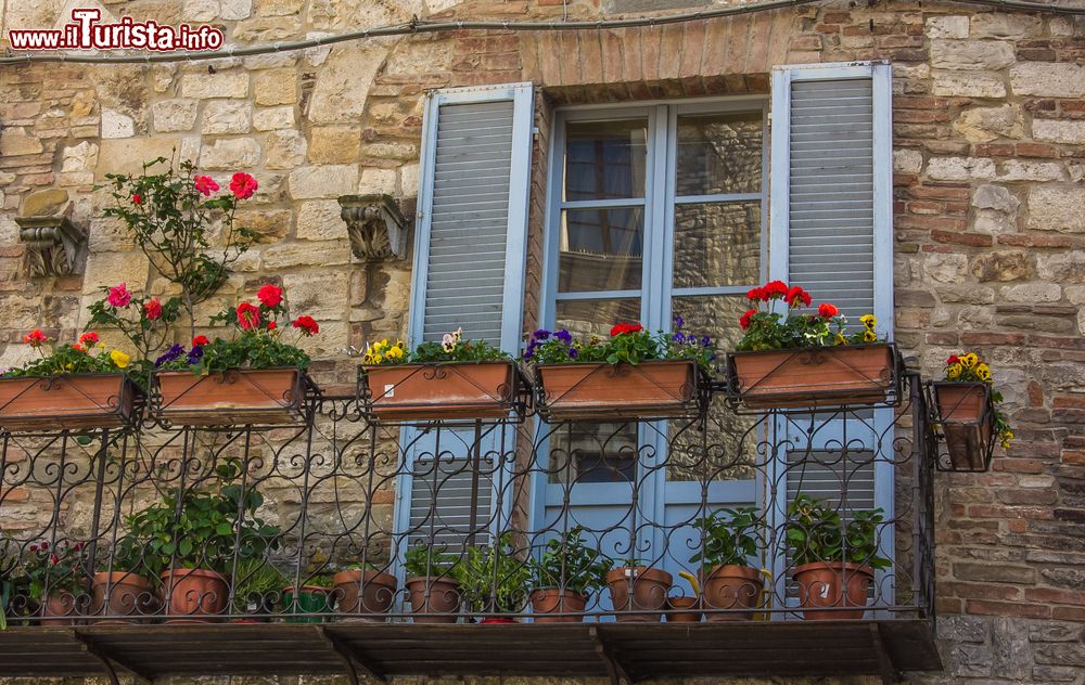 Immagine Il balcone fiorito di un edificio antico nel centro storico di Todi, Umbria.