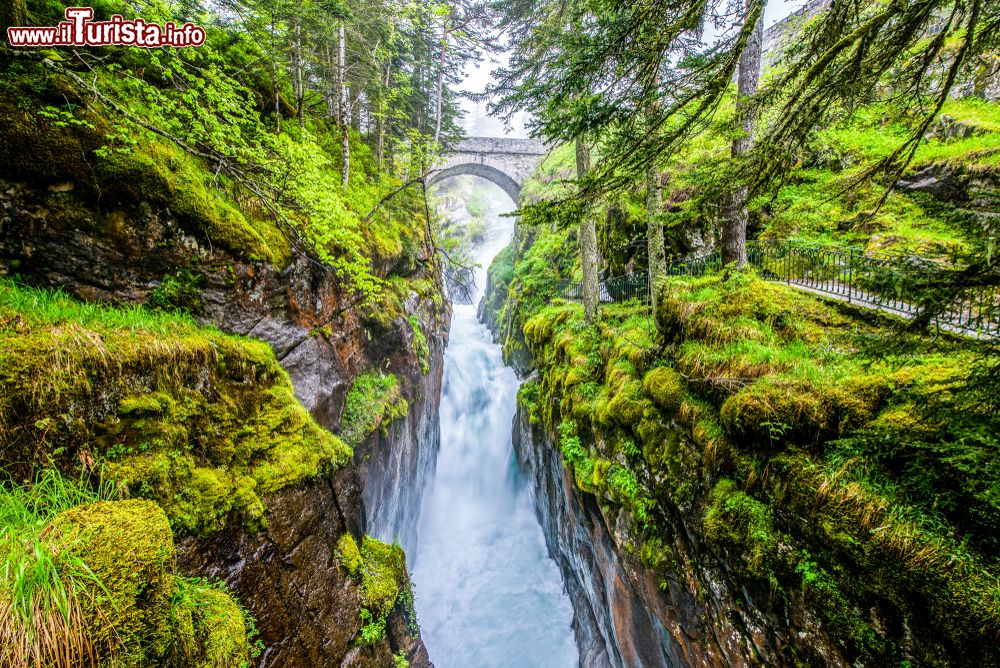 Immagine Il ponte di Pont d'Espagne a Cauterets, Pirenei, Francia. Un pittoresco paesaggio naturale autunnale con muschio e alberi verdi.