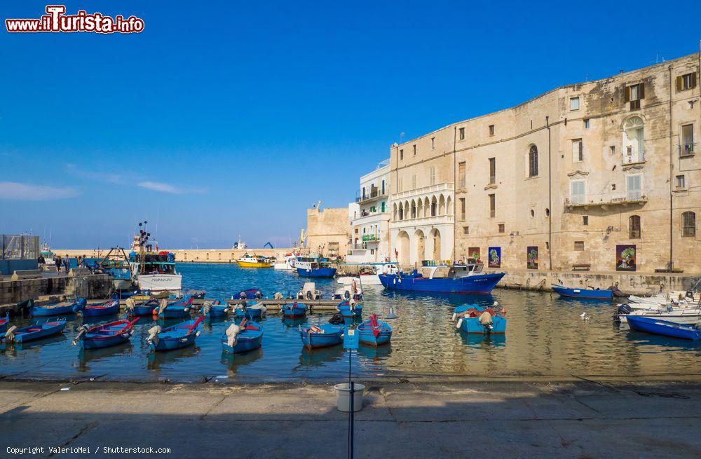 Immagine Il porto della cittadina pugliese di Monopoli, provincia di Bari. Qui, di fronte a vecchi palazzi, sono ormeggiate le tradizionali barche da pesca in legno - © ValerioMei / Shutterstock.com