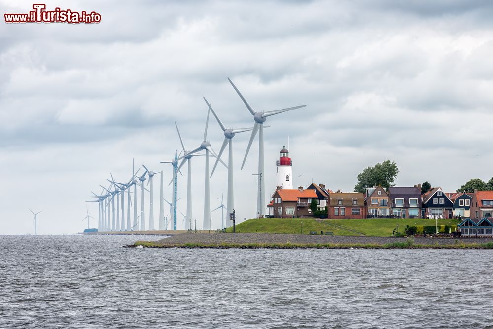 Immagine Il villaggio di pescatori di Urk, Paesi Bassi. Questo paese di 20 mila abitanti si trova nella provincia di Flevoland, cuore dell'Olanda con le sue opere di grande ingegneristica. In questa immagine, alcune abitazioni di Urk con grandi pale eoliche sullo sfondo.