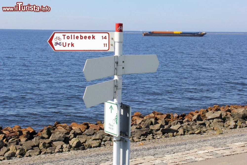 Immagine Indicazioni delle piste ciclabili per Tollebeek e Urk, Flevoland, Paesi Bassi. Siamo lungo la Flevo Route e il lago artificiale IJsselmeer, uno dei più grandi bacini d'Europa.