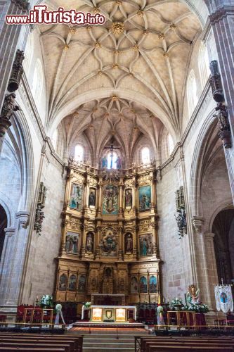 Immagine Interno della cattedrale di Santa Maria Assunta a Calahorra, Spagna: la navata centrale con la sontuosa pala d'altare decorata.