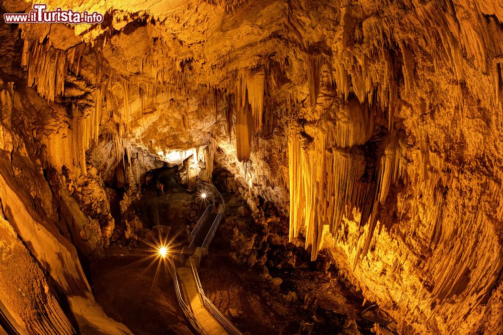 Immagine Interno delle grotte di Antiparos, Grecia, con stalattiti e stalagmiti. Situata nell'entroterra dell'isola, la si raggiunge tramite una deviazione dalla strada principale che conduce a Agios Georgios.