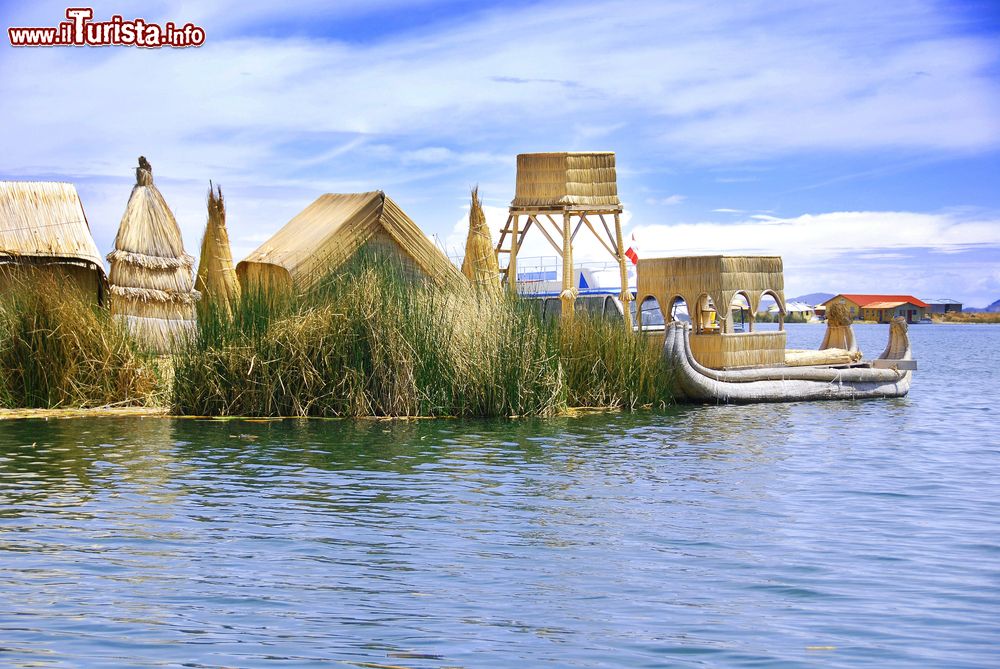 Immagine Isolotti di vegetazione nel lago Titicaca, Puno, Perù. Le robuste radici che sviluppano le piante formano uno spessore di uno o due metri che sostiene l'isolotto stesso.