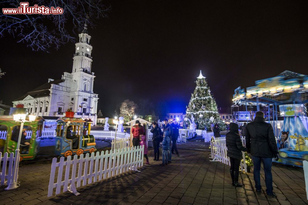 Immagine Lituania: le bancarelle del Villaggio di Natale nella Piazza del Municipio di Kaunas "abbracciano" l’albero che svetta durante le feste natalizie.