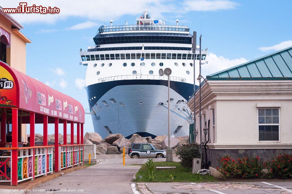 Immagine La nave da crociera Celebrity Summit ormeggiata a Besseterre al porto di St. Kitts, Indie Occidentali. In primo piano una casa e un ristorante  - © Andres Virviescas / Shutterstock.com