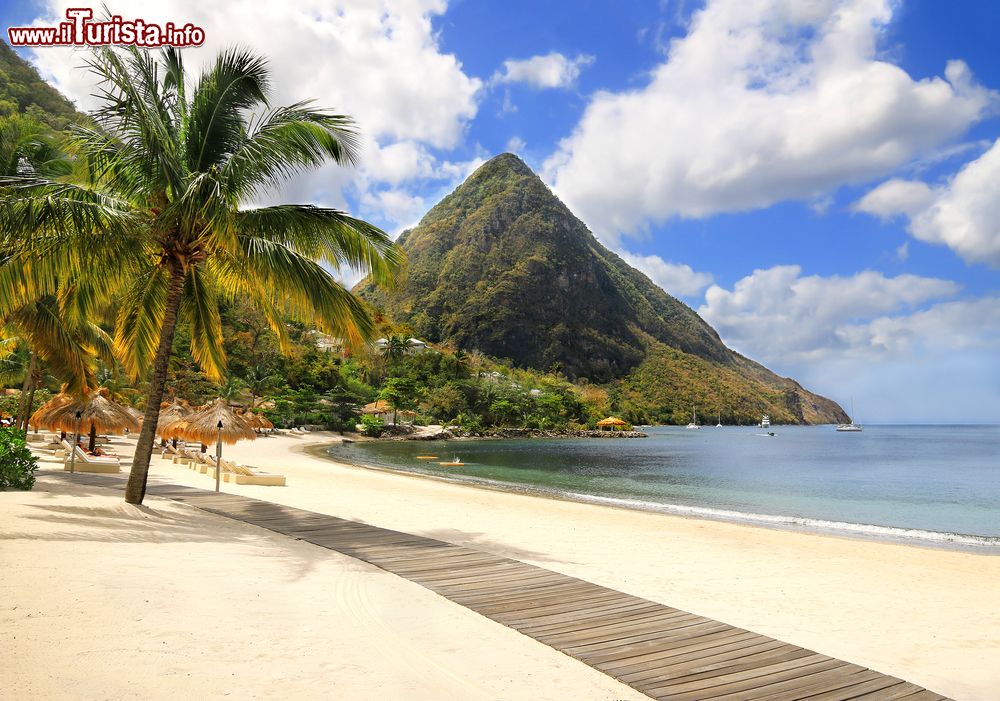 Immagine La sabbia bianca di una spiaggia sull'isola di Saint Lucia, Caraibi. Sullo sfondo i coni vulcanici verdi Gros Piton e Petit Piton considerati Patrimonio dell'Umanità.