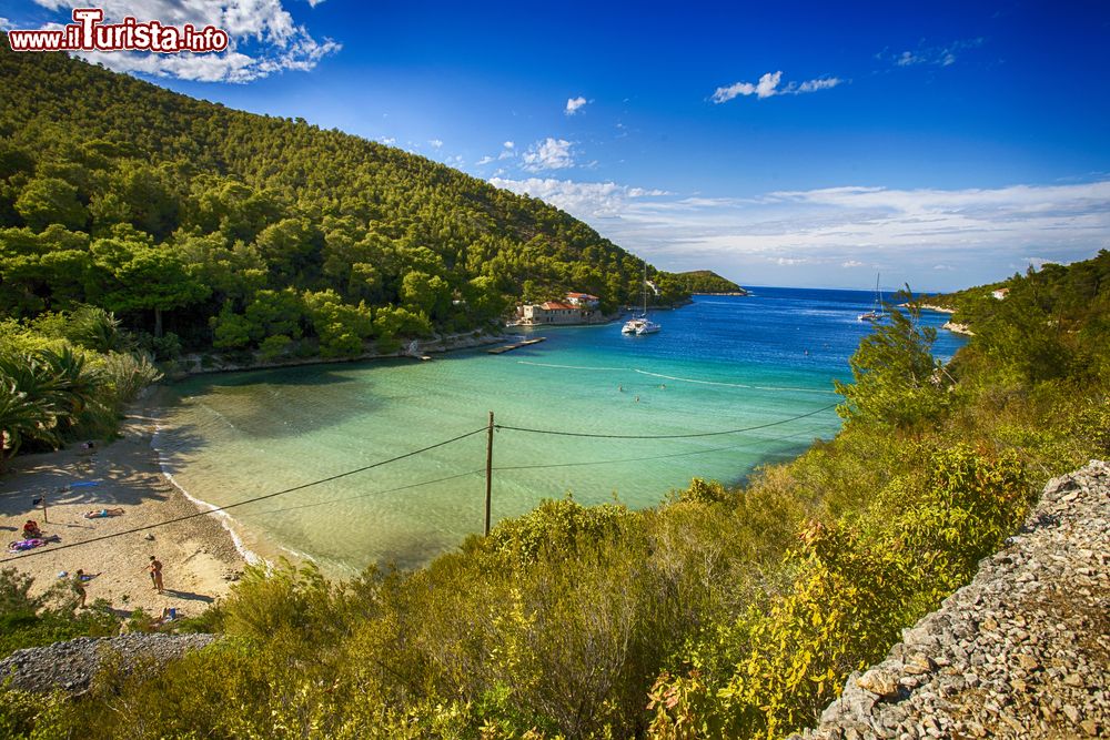 Immagine La spiaggia sabbiosa di Stoncica sull'isola di Vis, Croazia. Questo bellissimo tratto di litorale prende nome dall'omonimo faro e mantello e si trova nella baia di un piccolo villaggio turistico e di pescatori. E' perfetta per le famiglie.