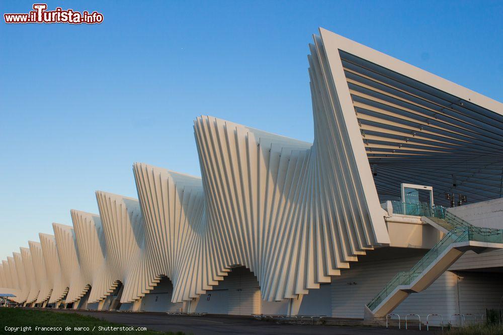 Immagine La stazione ferroviaria ad alta velocità di Reggio Emilia, Emilia Romagna. La struttura che accoglie i viaggiatori è stata progettata dall'architetto Calatrava; il design futuristico prevede la ripetizione per ben 25 volte di un modulo composto da portali in acciaio - © francesco de marco / Shutterstock.com