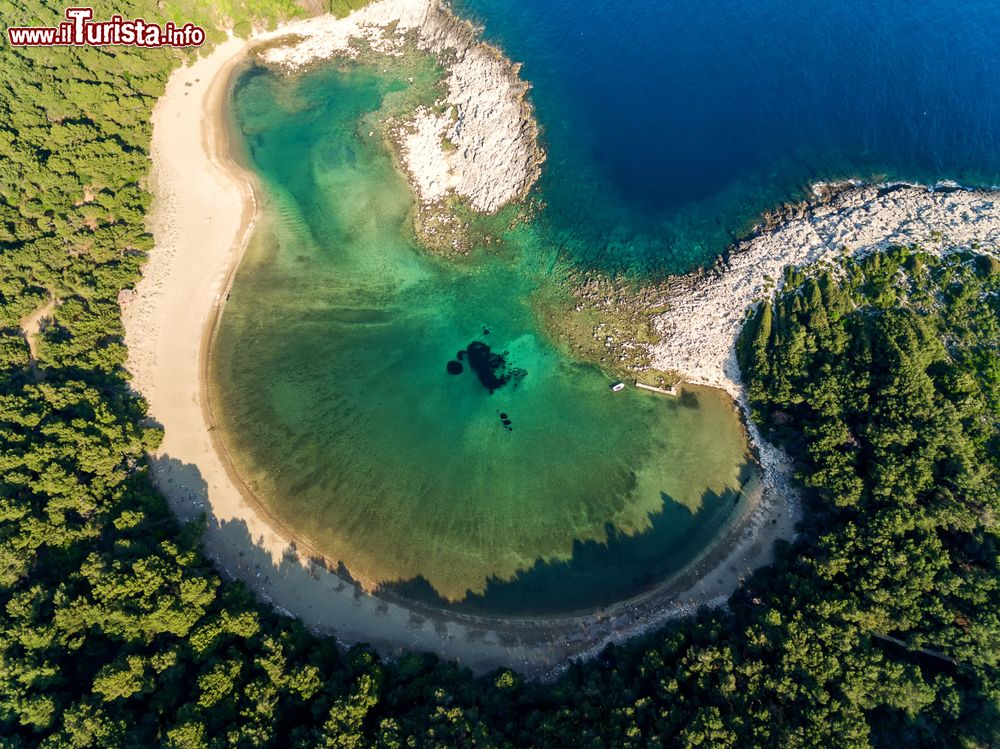 Immagine La suggestiva spiaggia di Saplunara sull'isola di Mljet, Croazia, vista dall'alto. Aperta verso sudovest e molto soleggiata, la baia di Saplunara è lunga 1 km e accoglie diversi tratti di litorale sabbioso circondati da foreste di pini.