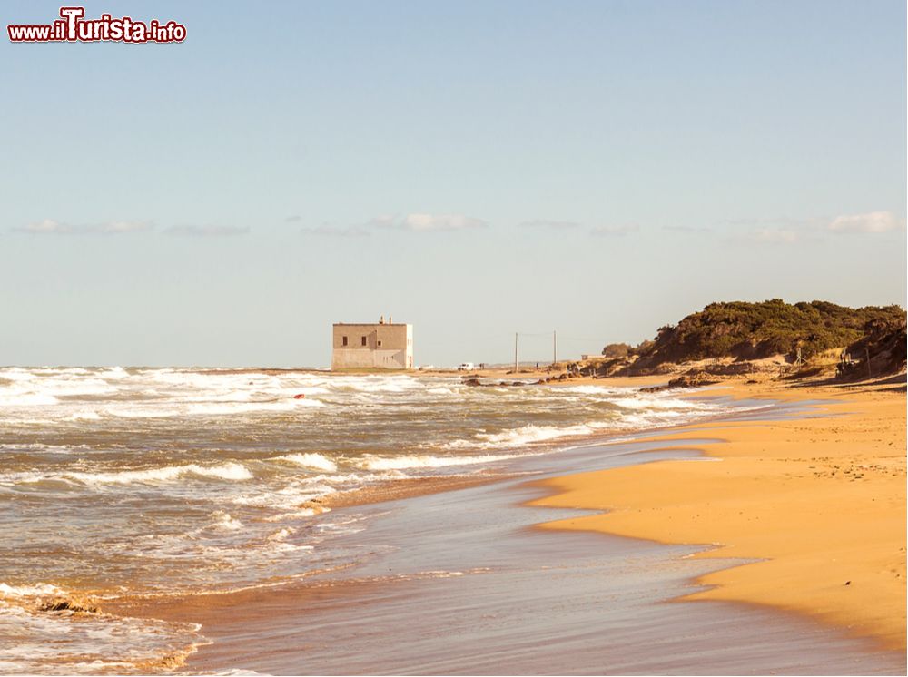 Immagine La Torre San Leonardo Pilone e la spiaggia sabbiosa della costa di Ostuni in Puglia.