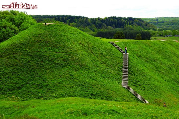 Immagine Le verdi colline archoelogiche del villaggio di Kernave, Lituania. Ci si inerpica grazie a delle scale in legno.