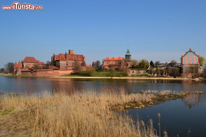 Immagine Malbork, Pomerania (Polonia): una veduta d'insieme del castello e di alcuni edifici più moderni al suo fianco lungo il fiume Nogat, che poco più avanti, nel suo corso, segna il confine tra il Voivodato della Pomerania e quello della Varmia-Masuria.