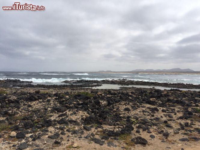 Immagine Veduta del mare di El Cotillo, spiaggia di Fuerteventura, Canarie (Spagna) - Nonostante si differenzi per alcuni aspetti dagli altri litorali più ligi al dovere estivo di proporre la classica sabbia bianca e il mare limpido, paradossalmente è proprio qui che spesso si posa l'interesse del turista, tanto che si dica sia il luogo destinato a diventare il più conosciuto dell'isola. Questo probabilmente per via del suo aspetto pittoresco ma anche strategico, con la scogliera che si trova accanto alle acque turchesi e le lagune ubicate poco più a sud.