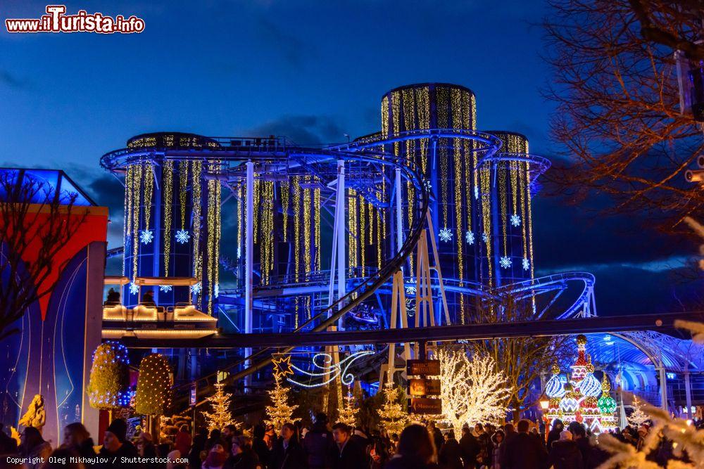 Immagine Montagne russe illuminate di notte al Parco Europa di Rust, Germania. Lo spinning coaster Euro-Mir è stato inaugurato nel 1997  - © Oleg Mikhaylov / Shutterstock.com