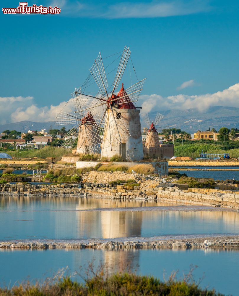 Immagine Mulini a vento nella riserva naturale "Saline dello Stagnone" nei pressi di Marsala, Sicilia.