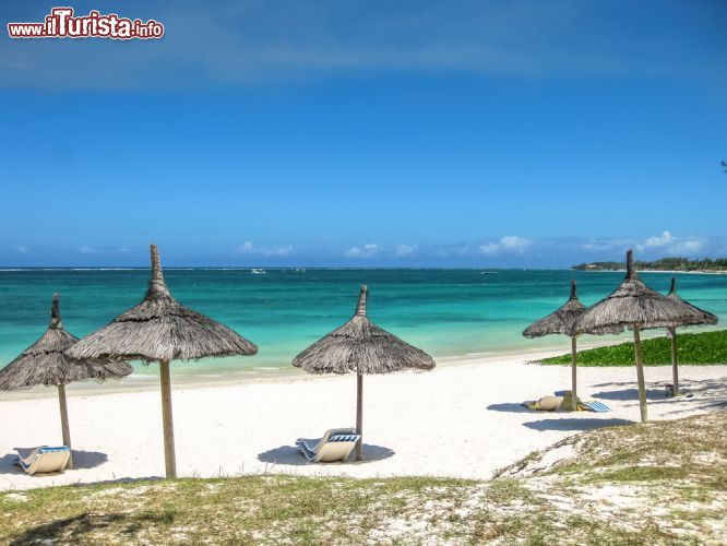 Immagine Ombrelloni di paglia nella famosa spiaggia di Belle Mare, Mauritius - Perla della costa orientale di Mauritius, la spiaggia di Belle Mare è fra le più suggestive di questo paradiso lambito dalle acque dell'Oceano Indiano. Ben attrezzata e facilmente raggiungibile, si trova a pochi chilometri a nord del villaggio di Trou d'Eau Douce © Benny Marty / Shutterstock.com