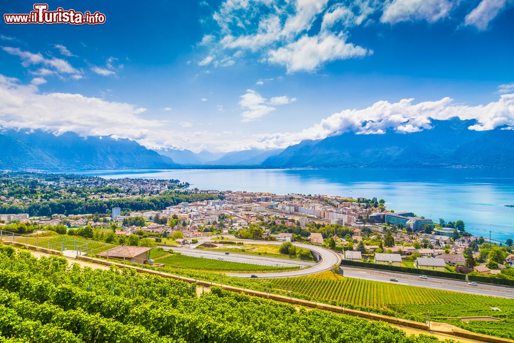 Immagine Panorama aereo della città di Vevey sul lago di Ginevra, Svizzera. In primo piano i vigneti a terrazza di Lavaux, un'area di 830 ettari patrimonio mondiale Unesco dal 2007. Qui si produce uno dei vini più buoni al mondo.