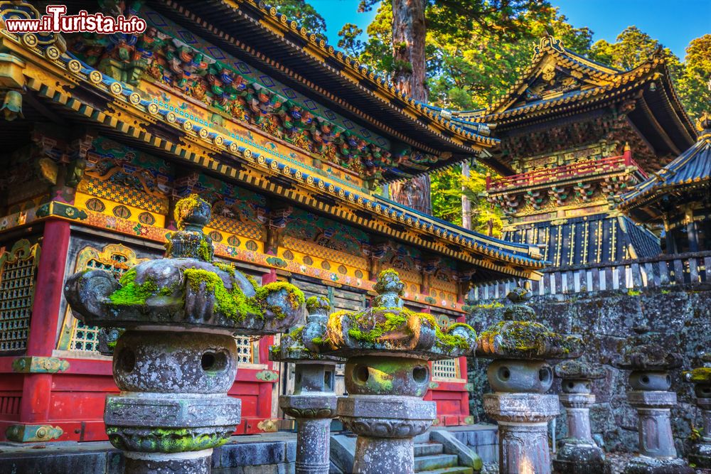 Immagine Panorama autunnale del Nikko Toshogu Shrine, Giappone. Gli splendidi decori sono in perfetta armonia cromatica con il paesaggio naturale.