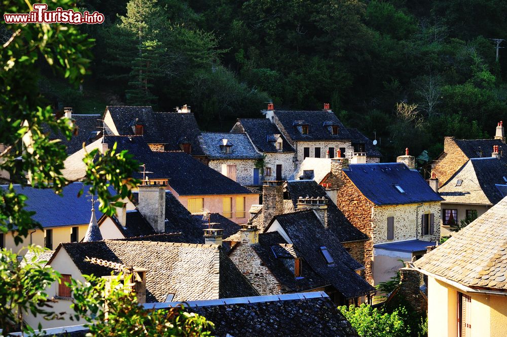 Immagine Panorama sui tetti nel borgo medievale di Estaing, Francia. Circondato dal verde della natura, Estaing fa parte dei più bei villaggi di Francia.