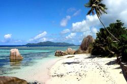 Una spettacolare spiaggia della Malesia: mare cristallino, palme e sabbia bianca.
