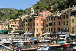L'area portuale di Portofino, Genova, Liguria. Affollata di barche e turisti, Portofino è una celebre meta di villeggiatura - © bumihills / Shutterstock.com