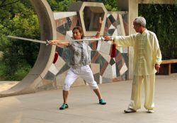 Una donna cinese pratica Wushu Jian sotto la guida di un maestro, Yinchuan, Cina. Tai Chi, Wushu e altre discilpine all'aperto sono molto popolari in Cina - © Katoosha / Shutterstock.com ...