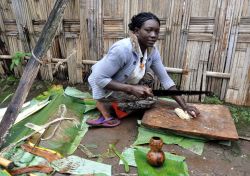 Una donna di etnia Dorze prepara il Kotcho, Etiopia. Si tratta di un gustoso pane di tipo vegetale fatto con una lunga preparazione che richiede una trentina di giorni.
