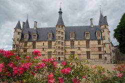Il castello di Nevers con il giardino fiorito, Francia: la sua ampia facciata rinascimentale è fiancheggiata da torrette poligonali. 
