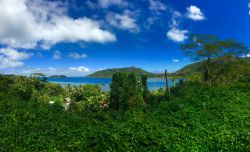 La laguna di Huahine, Polinesia Francese, vista dall'alto della vegetazione.

