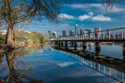 La skyline di Austin e del Lady Bird Lake, Texas: questo bacino d'acqua artificiale si è formato nel 1960 in seguito alla costruzione di una diga sul fiume Colorado per creare una ...